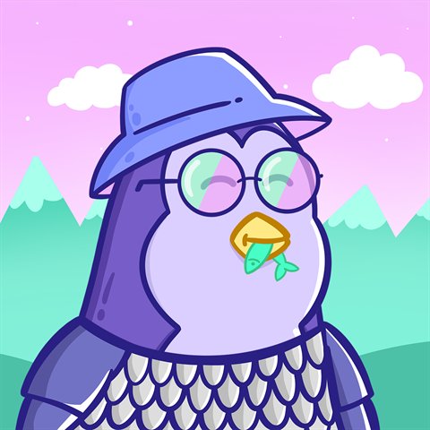 Penguin #10000 in a bucket hat and round glasses, holding a fish