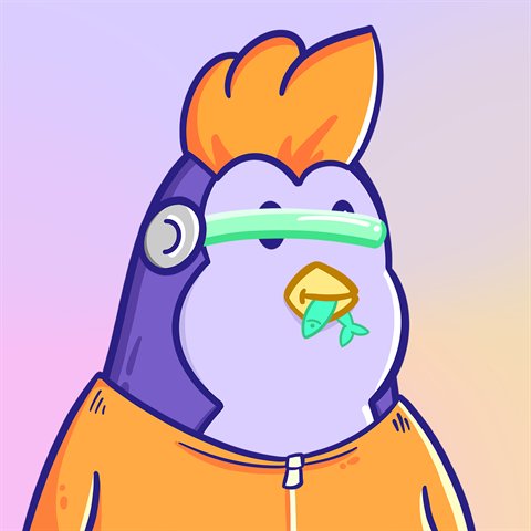 Penguin #256 with a flame crest, a visor and a fish