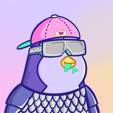 Penguin #5000 in a backwards cap and ski goggles, holding a fish
