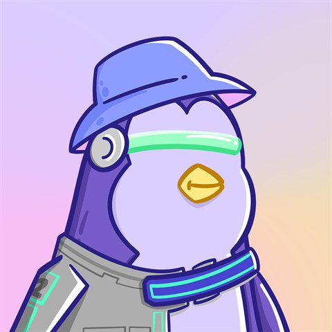 Penguin #777 in a bucket hat, visor and space suit